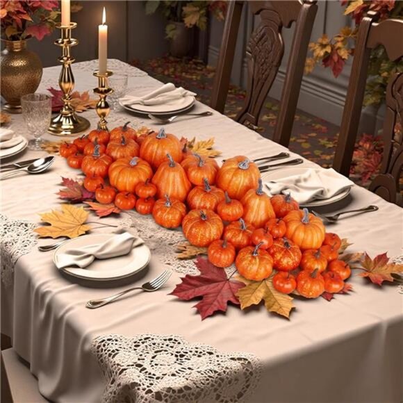 46 Pcs Assorted Size Artificial Pumpkins Fall Decorations, Orange Foam Pumpkin - Picture 5 of 8